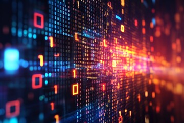 Abstract technology background featuring computer code and binary numbers in a dark office setting
