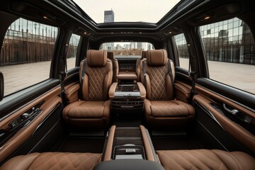 Luxurious interior of a spacious suv minivan with leather seats and modern architecture backdrop