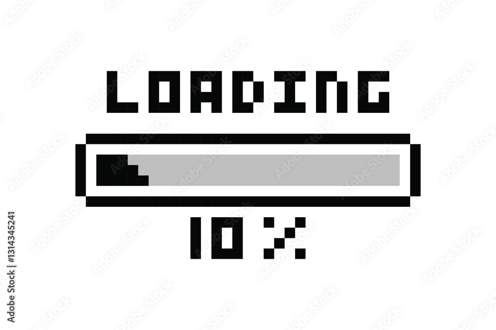 Poster loading pixel icon, load bar 10 percent. 10% downloading, loading or installing bar at 10%.