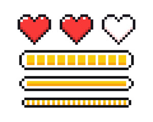 8 bit health heart bar, pixel art game life bar. Pixel vector game graphic.