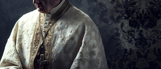 silhouette of a pope isolated over gray modern structured texture; panoramic bg; concept of vatican, curch, religion, 