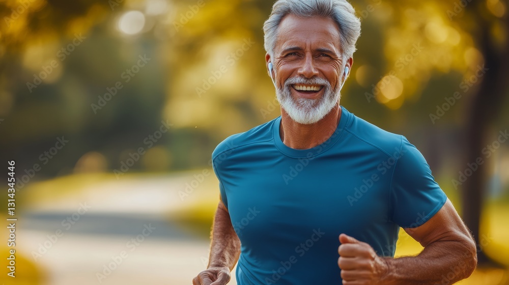 Poster man is running in a park with a blue shirt on. he is smiling and he is enjoying himself