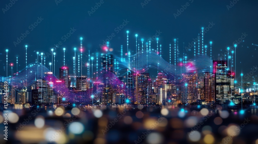 Poster nighttime city skyline with digital overlay showing data connection and network visualization