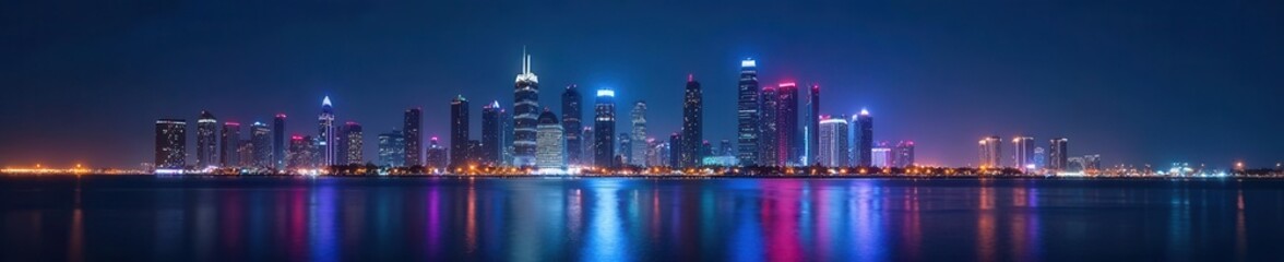 Fototapeta premium Night skyline, Doha skyscrapers reflected in Arabian Gulf, traditional dhow , reflection, traditional, tourism