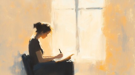 Obraz premium woman writing in journal by sunlit window, soft golden tones, pastel cream background