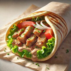 Delicious Chicken Shawarma Wrap with Fresh Vegetables and Sauce