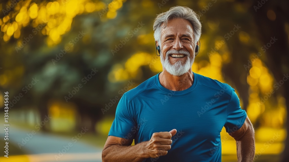 Poster man in a blue shirt is running in a park. he is smiling and he is enjoying himself