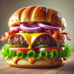 A mouthwatering gourmet burger. The burger features a toasted sesame seed bun, a thick and juicy beef patty, melted cheese, bacon, onion, salat