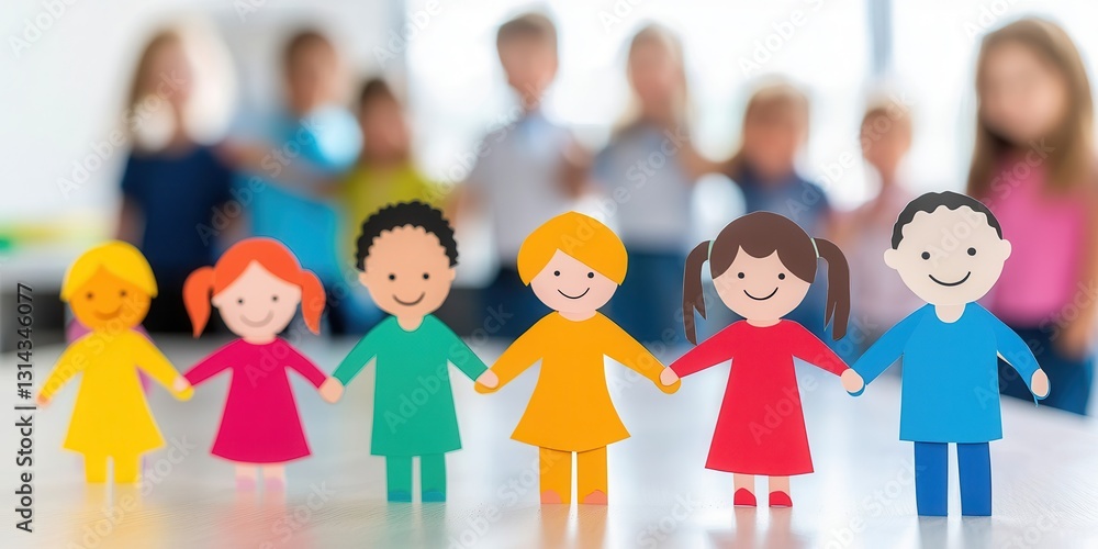 Poster diverse group unity and mutual support. colorful paper dolls representing diversity with children in