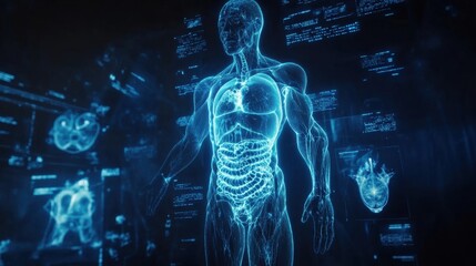 Futuristic digital human anatomy visualization with glowing organs and holographic interface overlay demonstrating health and medical technology innovations