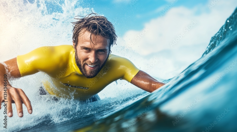 Poster man in a yellow wetsuit is surfing on a wave. he is smiling and he is enjoying himself
