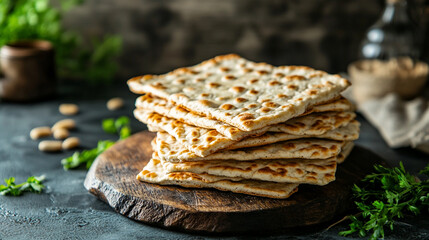 Matzah stacked beautifully on a wooden board for Passover celebration at home