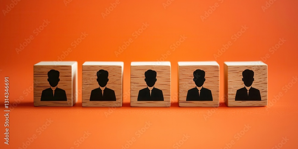 Poster diverse group unity and mutual support. wooden blocks with silhouette figures lined up against an or