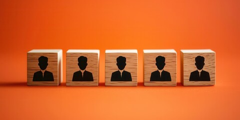 Diverse group unity and mutual support. Wooden blocks with silhouette figures lined up against an orange background.