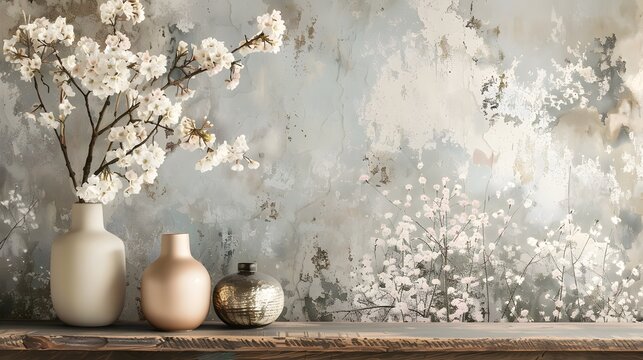 Vintage Floral Vase Arrangement on Soft Pastel Wallpaper