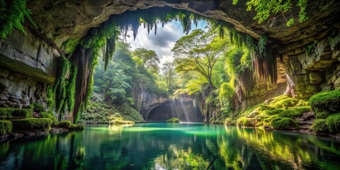 A vast, eerie cave with a serene water pond in the center