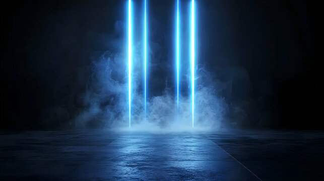 Three Vertical Blue Neon Lights Illuminate Dark Concrete Floor With Smoke And Reflections in Empty Urban Space for Dramatic Atmospheric Background