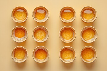 Minimalist arrangement of paper cups filled with black tea on warm beige background casual lifestyle