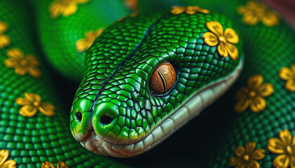 Obraz premium Bright Green Snake With Golden Floral Patterns Basking in Soft Light