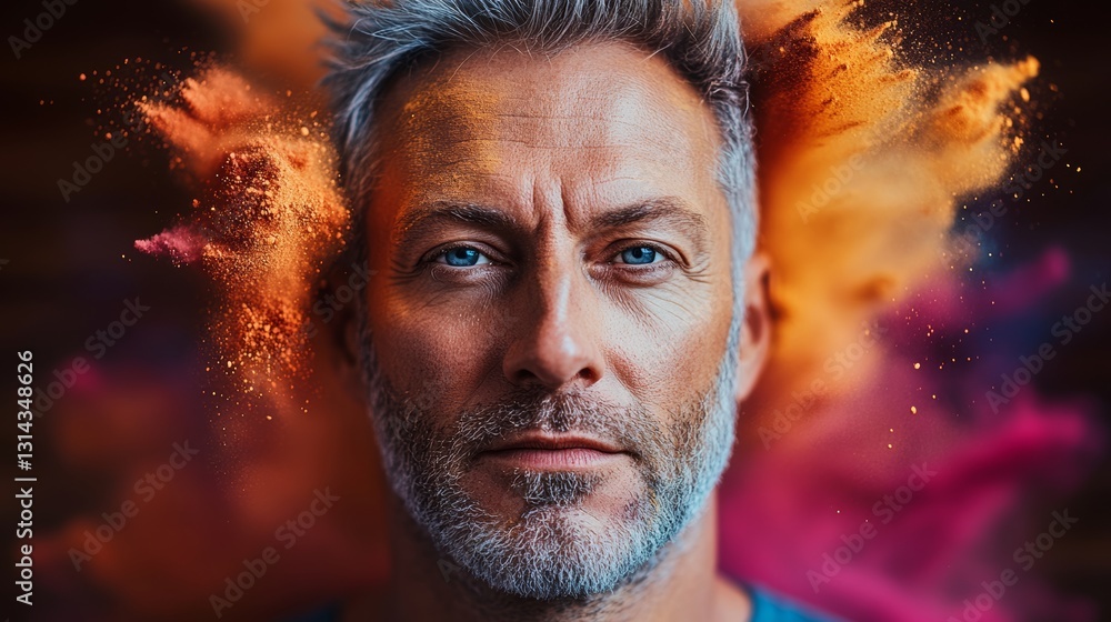 Poster man with a beard and gray hair is standing in front of a colorful explosion. the explosion is made u