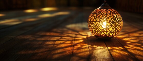 Obraz premium Ornate Moroccan lantern casting intricate shadows on a wooden floor, creating a warm and inviting atmosphere with its ambient light Concept of Ramadan, decoration, and culture