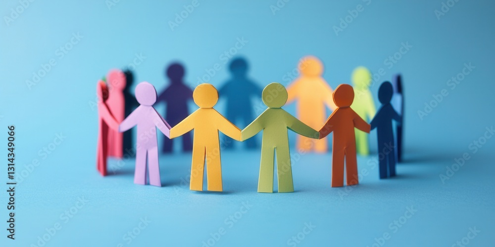 Poster diverse group unity and mutual support. colorful paper figures holding hands, symbolizing unity and 