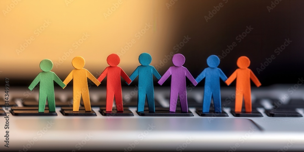 Poster diverse group unity and mutual support. colorful figures holding hands on a laptop keyboard, symboli