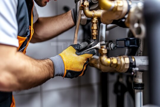 Professional plumber repairing modern home heating system with tools and focused precision