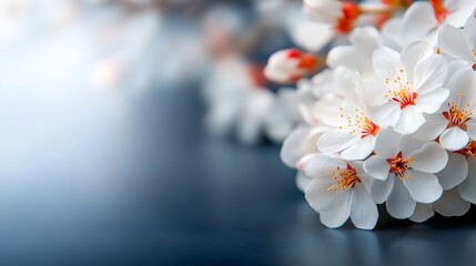 Close up of a bunch of white flowers with a blue background. The flowers are in full bloom and the blue background adds a sense of calmness and serenity to the image