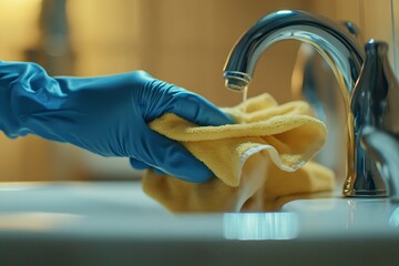 Hand in blue rubber glove cleaning metal faucet with yellow cloth in bright white sink setting