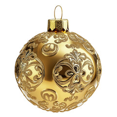 A luxurious gold holiday bauble with ornate embossed detailing, transparent background, PNG