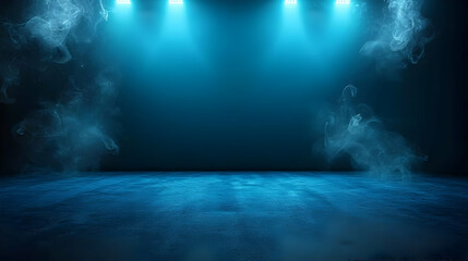 Fototapeta premium Dark Blue Illuminated Stage Background With Spotlight Beams And Glitter Texture Floor Perfect For Product Presentation Or Event Backdrop