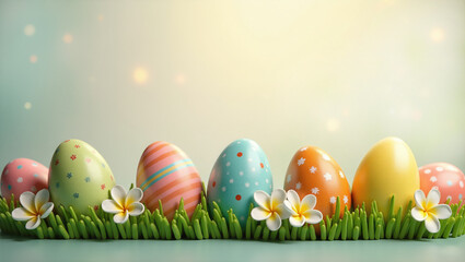 Brightly decorated Easter eggs lie in a row in green grass with delicate white flowers, creating a festive and cheerful spring scene