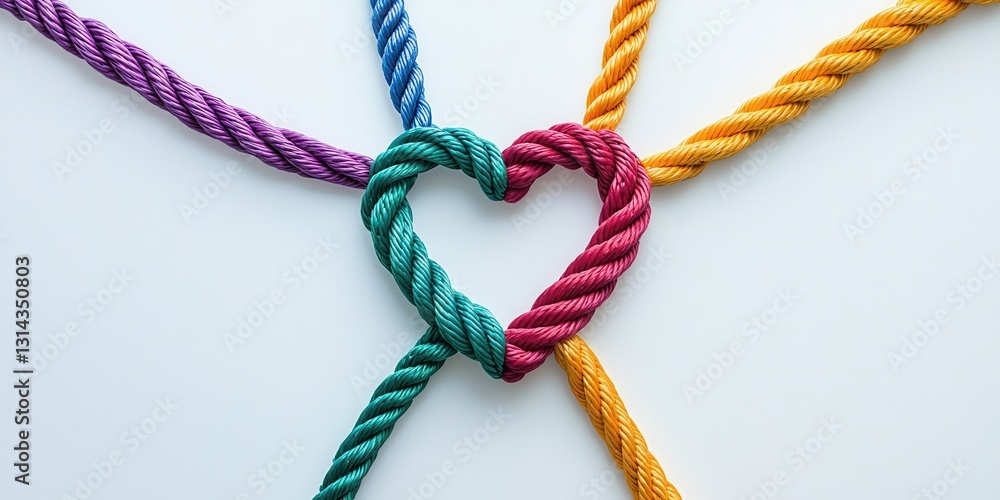 Poster diverse group unity and mutual support. colorful ropes forming a heart shape, symbolizing connection