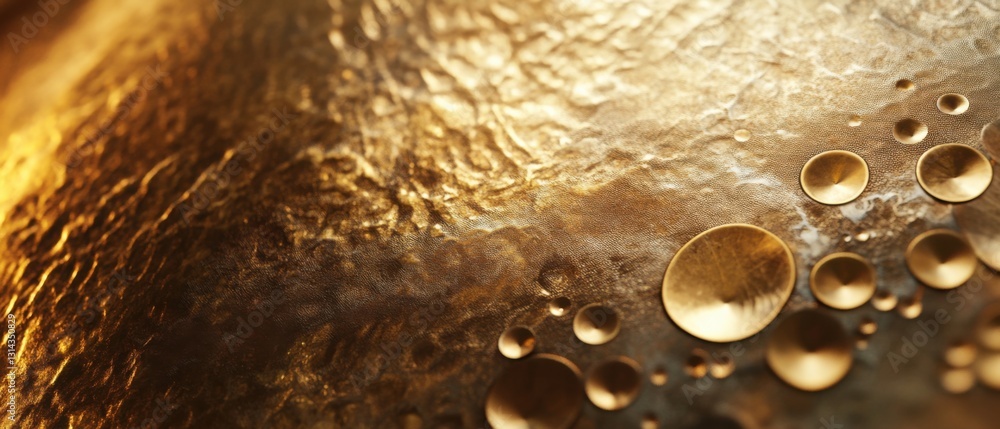 Poster abstract golden texture background with metallic circles and water droplets, creating a luxurious an