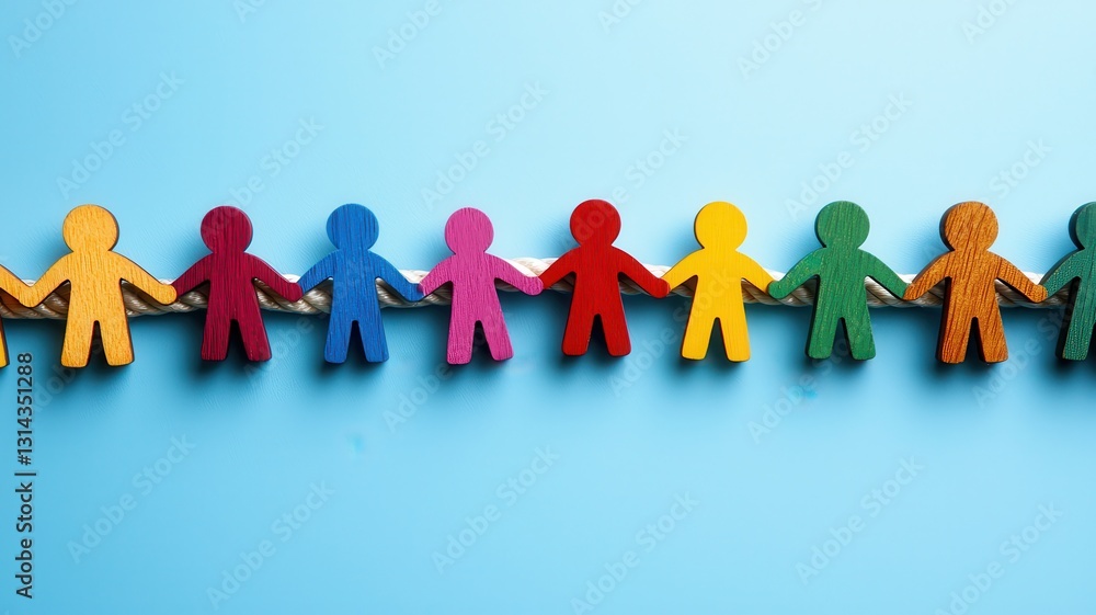 Poster diverse group unity and mutual support. colorful paper dolls linked together against a blue backgrou