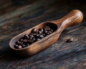Roasted coffee beans filled in a carved wooden scoop