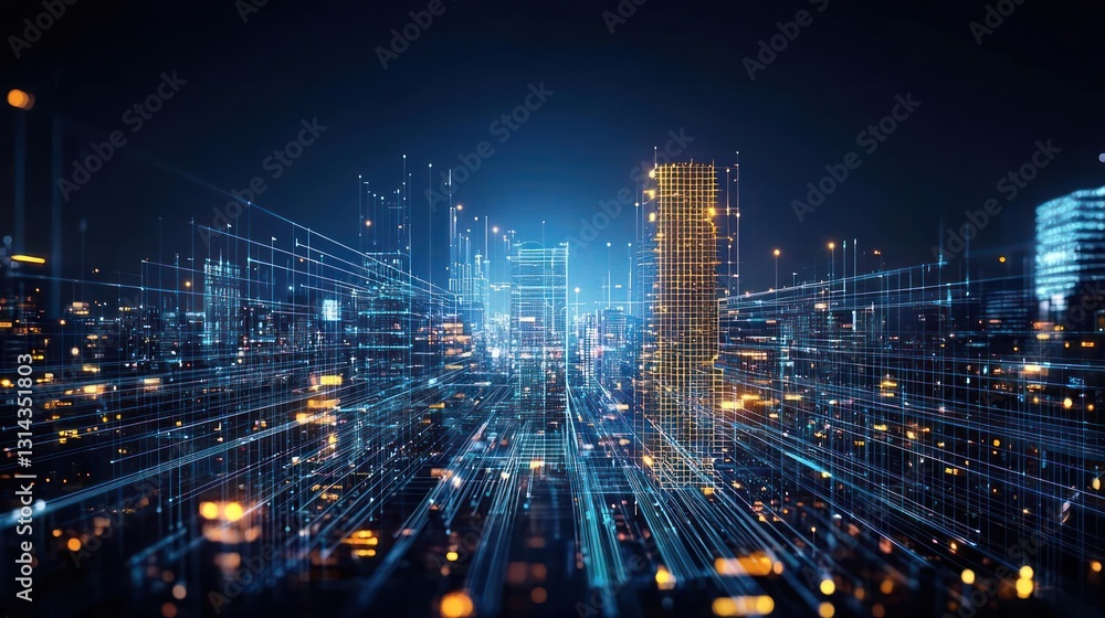 Poster abstract digital city network visualization with glowing lines and modern buildings