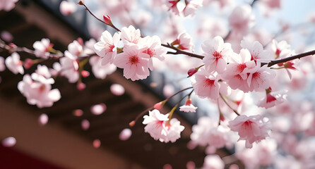 Obraz premium Blush pink cherry blossoms drift through the air, symbolizing the fleeting beauty of Hanami in Japan