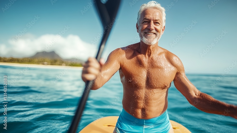 Poster man in a bathing suit is smiling and holding a paddle while on a paddle board in the ocean