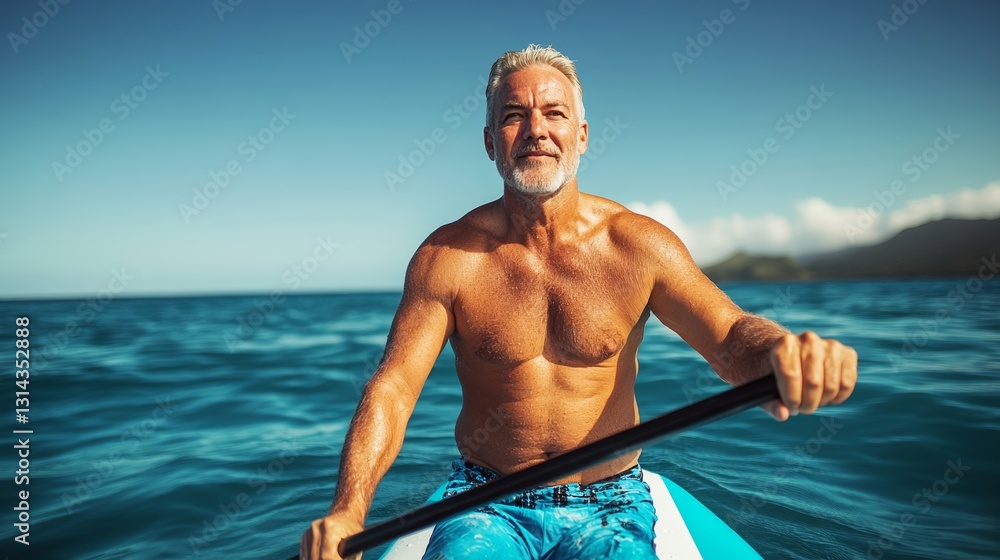 Poster man in a bathing suit is paddling a surfboard in the ocean. he is smiling and he is enjoying himself