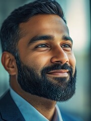 Obraz premium A smiling bearded man wearing a suit, with his hands clasped together and looking directly at the camera.
