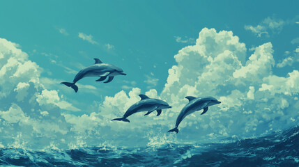 Fototapeta premium Beautiful bottlenose dolphins jumping out of sea with clear blue water on sunny day