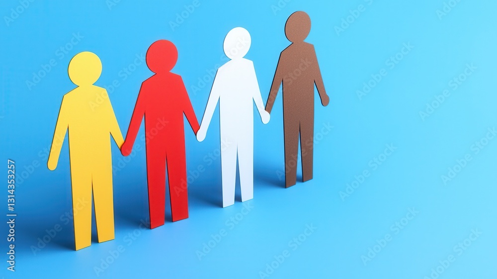 Poster diverse group unity and mutual support. colorful paper figures holding hands against a blue backgrou