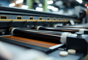 Highly detailed look at an offset printing machine operational in a production setting, showcasing the printing process in progress.