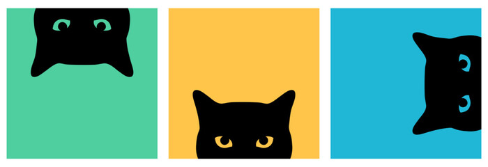 Peeking black cats with different eye colors set. Curious cats looking out. Cute black cat face. Vector illustration