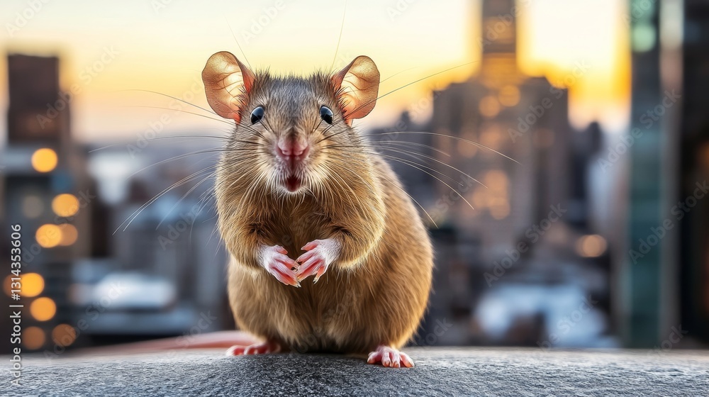 Poster small brown mouse is standing on a ledge in front of a city skyline. the mouse is looking up at the 