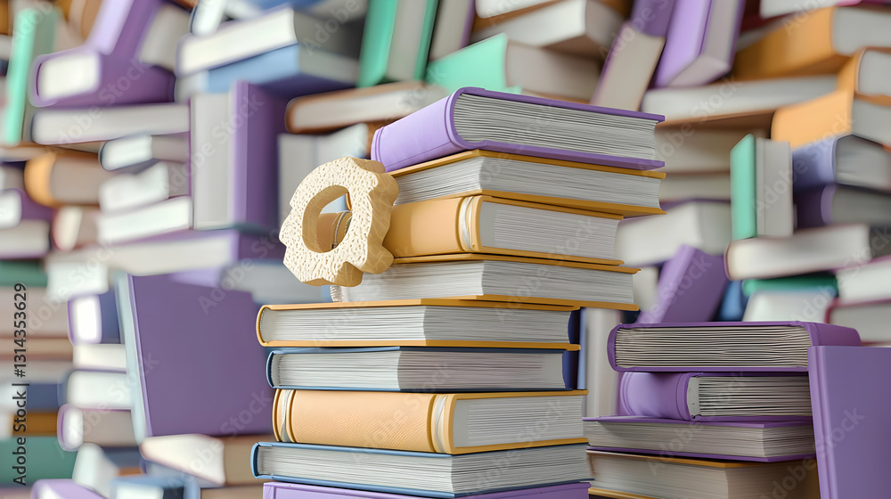 Poster stack of colorful books with gear symbol in front of a wall of books symbolizing education knowledge