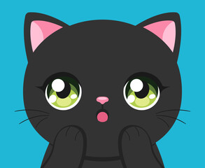 Surprised black cat in anime style set. Cute anime cat with big green eyes with sparkles. Vector illustration