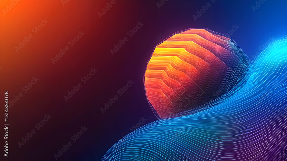 Poster abstract digital sphere emerging from a futuristic blue and purple pixelated wave with an orange and
